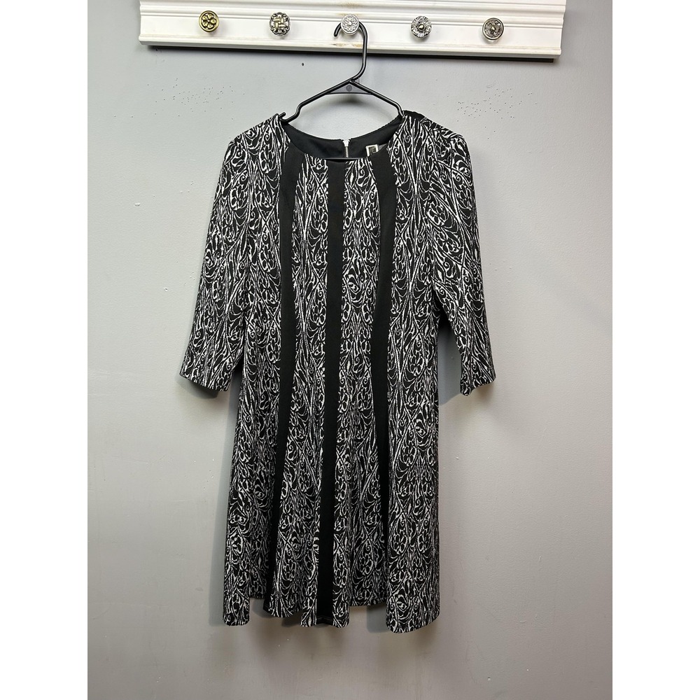Julian Taylor Dress Womens 12 Black White Jacquard 3/4 Sleeve Fit Flare‎
